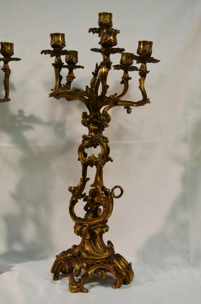Grande paire de candélabres bronze doré style Louis XV Candelabres XIXème-photo-6