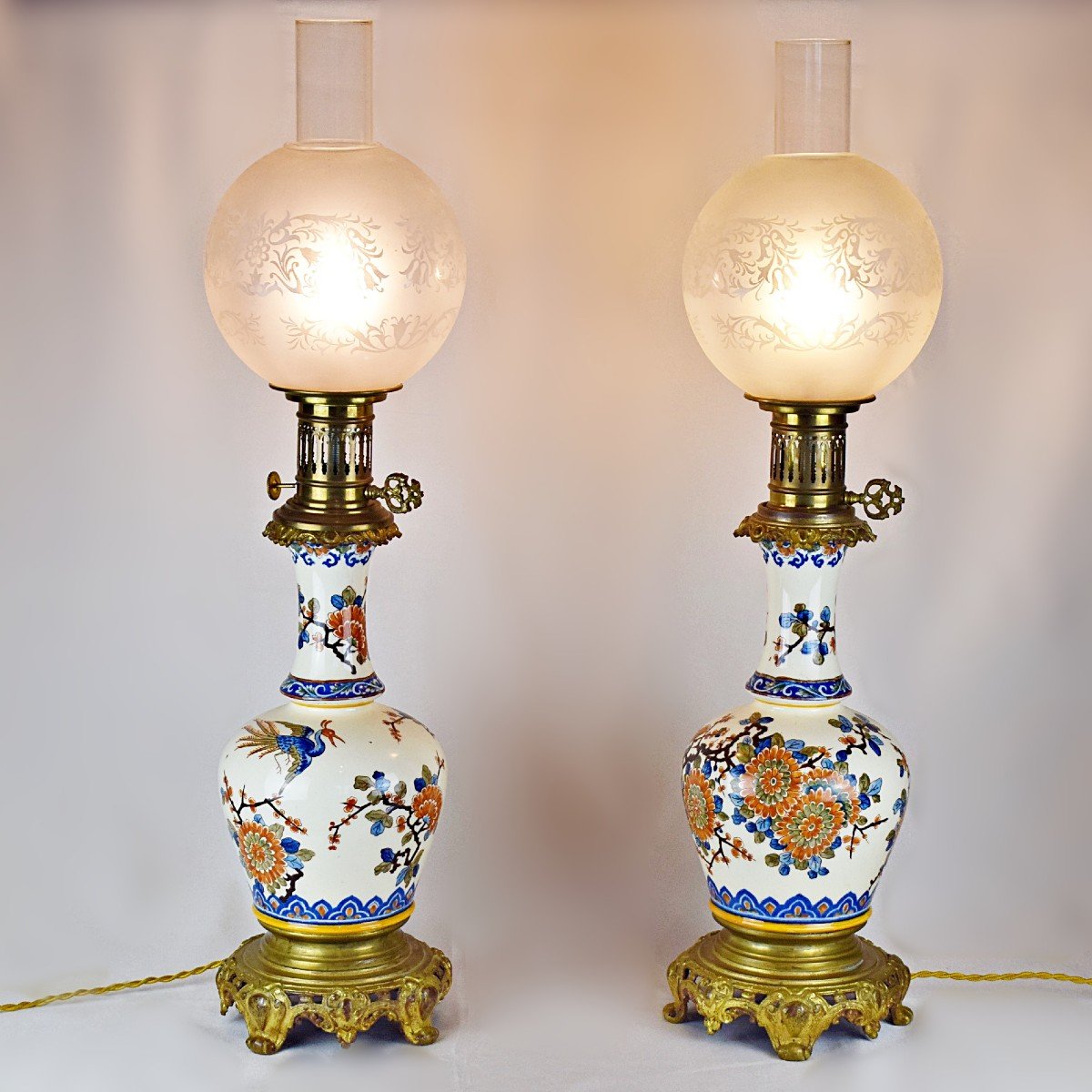 Pair Of Earthenware Oil Lamps From Gien 19th Century-photo-3