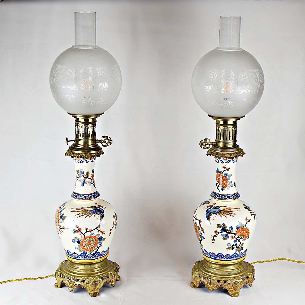 Pair Of Earthenware Oil Lamps From Gien 19th Century-photo-2