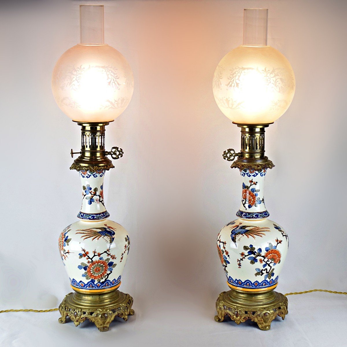 Pair Of Earthenware Oil Lamps From Gien 19th Century