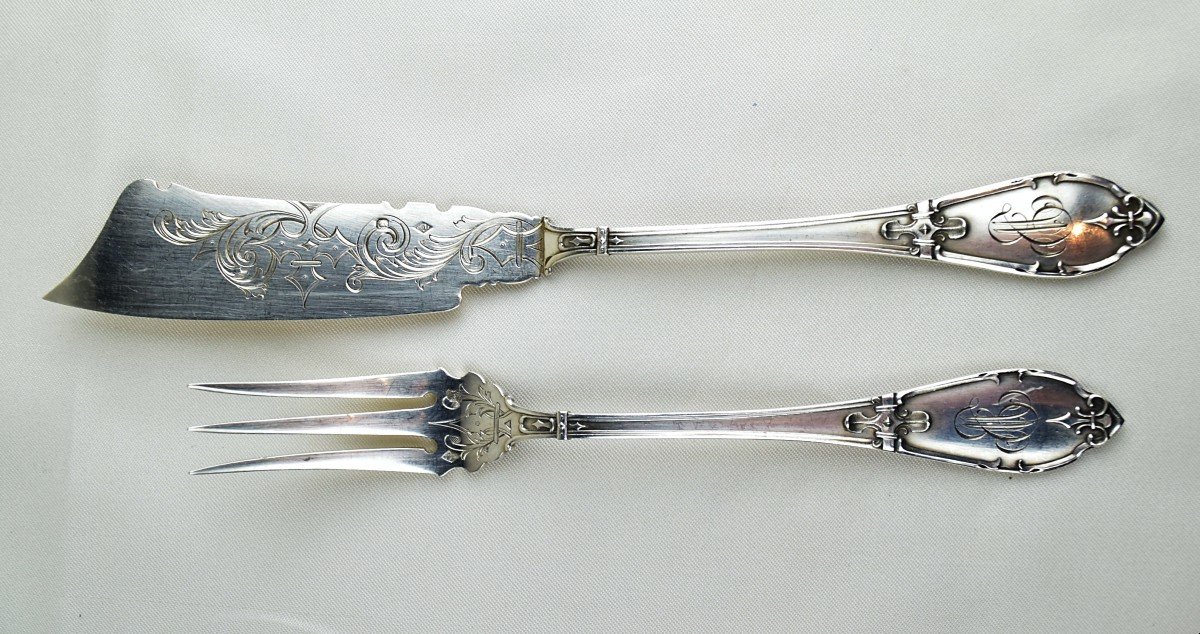 Pagé Frères Fish Cutlery In Solid Silver Minerve 1st Title With Engraved Decorations-photo-3