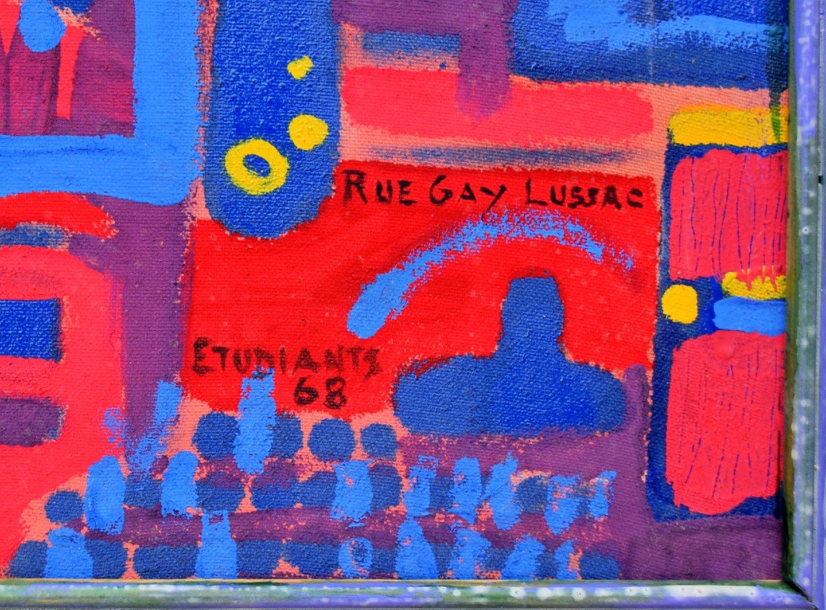 Abstract Painting “students 68 Rue Gay Lussac” Collective Of Fine Arts Paris 1968-photo-2