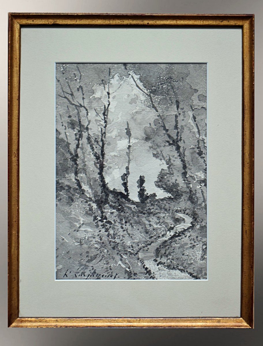 Henri Joseph Harpignies Ink Wash Path In The Undergrowth -photo-4