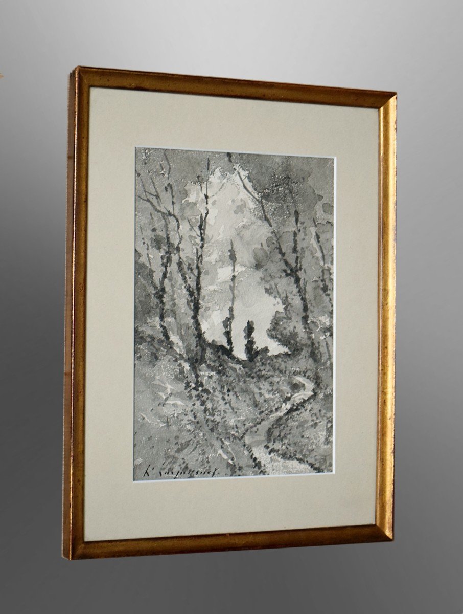 Henri Joseph Harpignies Ink Wash Path In The Undergrowth -photo-1