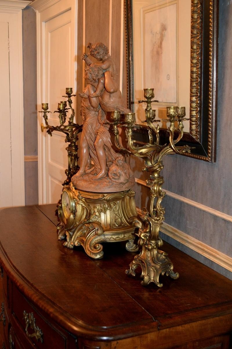 Importante pendule Style L.XV Terre cuite de Clodion "Le Triomphe de Bacchus"-photo-3