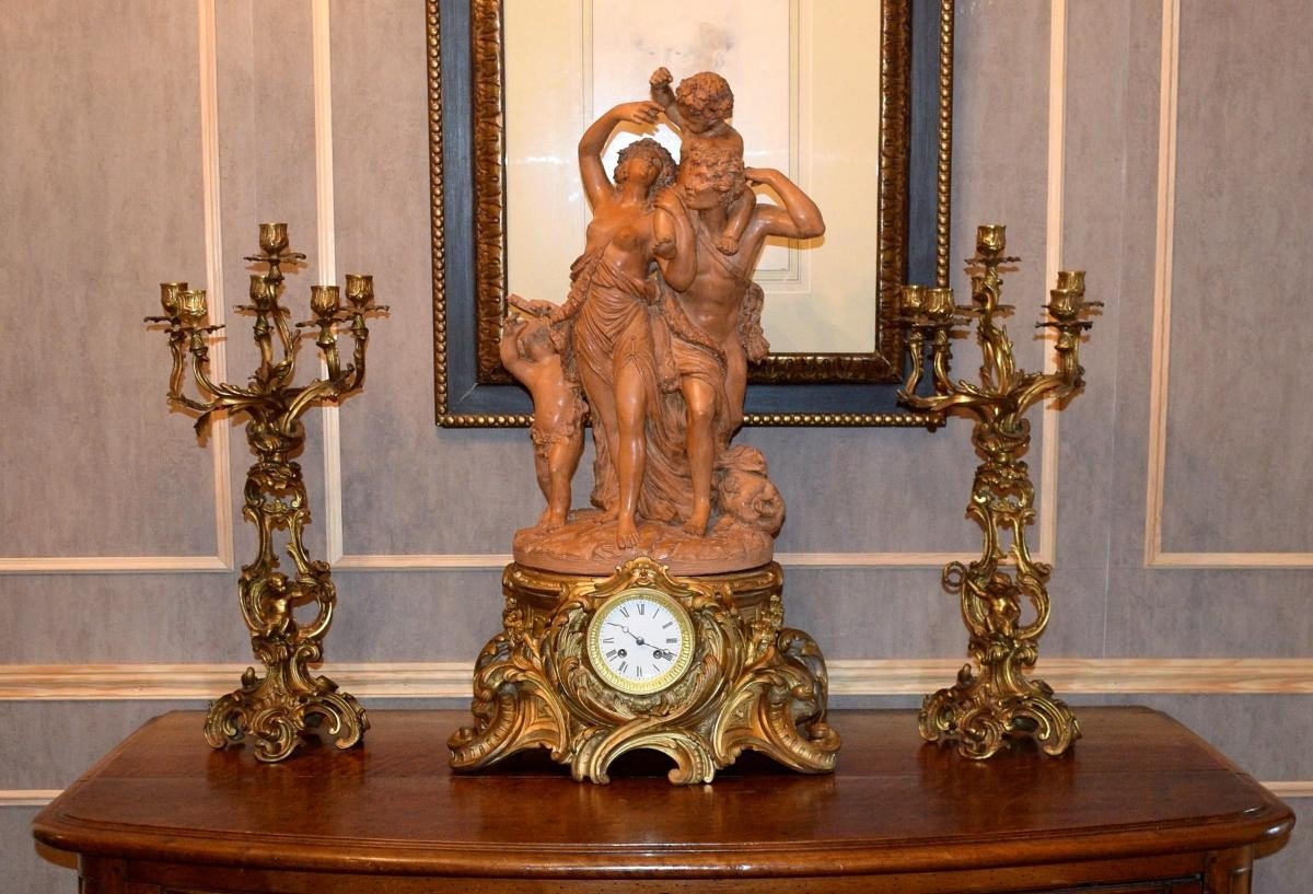 Importante pendule Style L.XV Terre cuite de Clodion "Le Triomphe de Bacchus"-photo-4