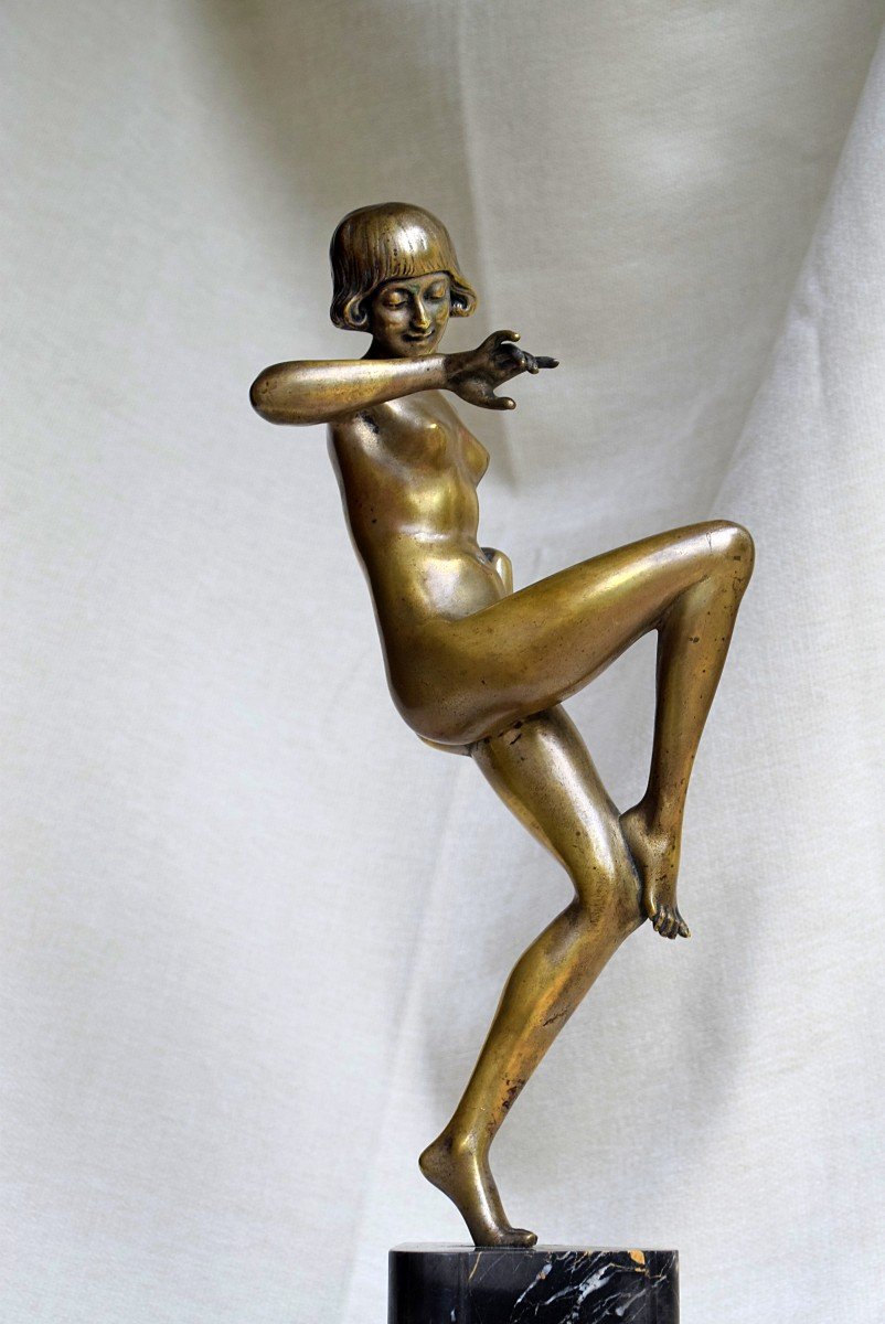 Nude Dancer In Art Deco Bronze On Portor Marble-photo-1