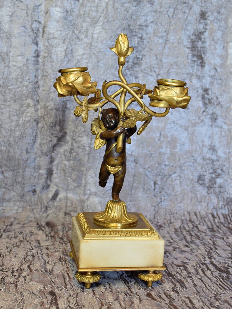 Pair Of Candlesticks, Bronze And Marble Candlesticks With Cherubs, Putti, Cupids-photo-4