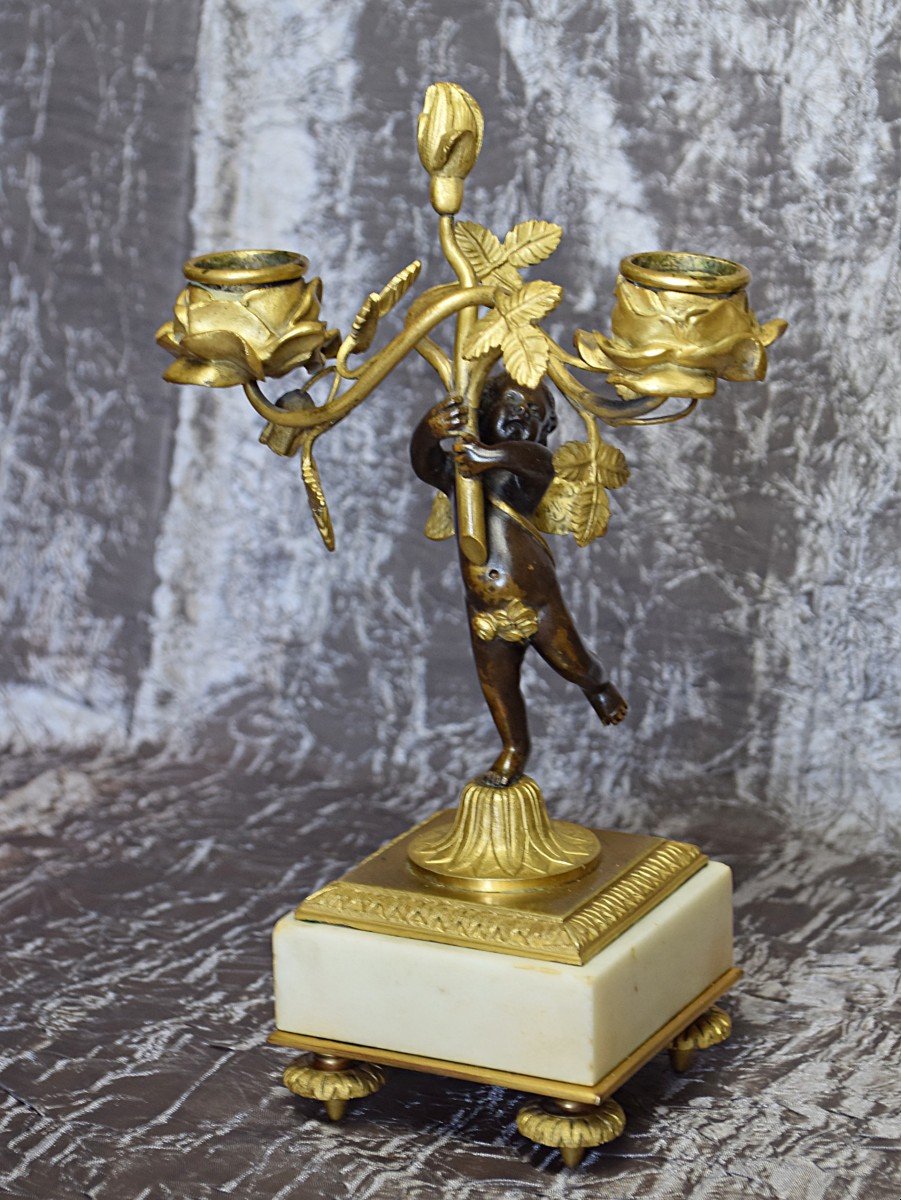 Pair Of Candlesticks, Bronze And Marble Candlesticks With Cherubs, Putti, Cupids-photo-1