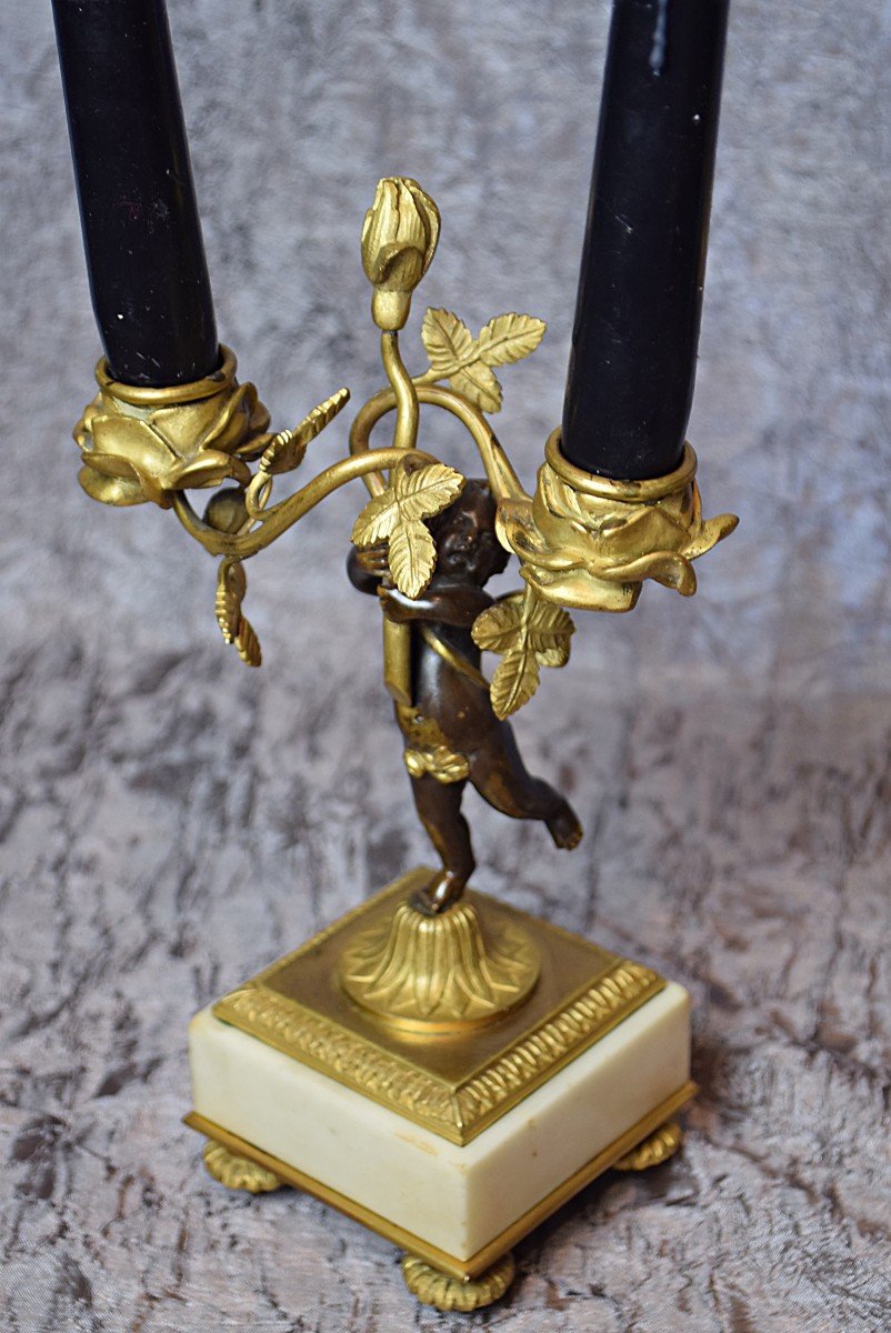 Pair Of Candlesticks, Bronze And Marble Candlesticks With Cherubs, Putti, Cupids-photo-4