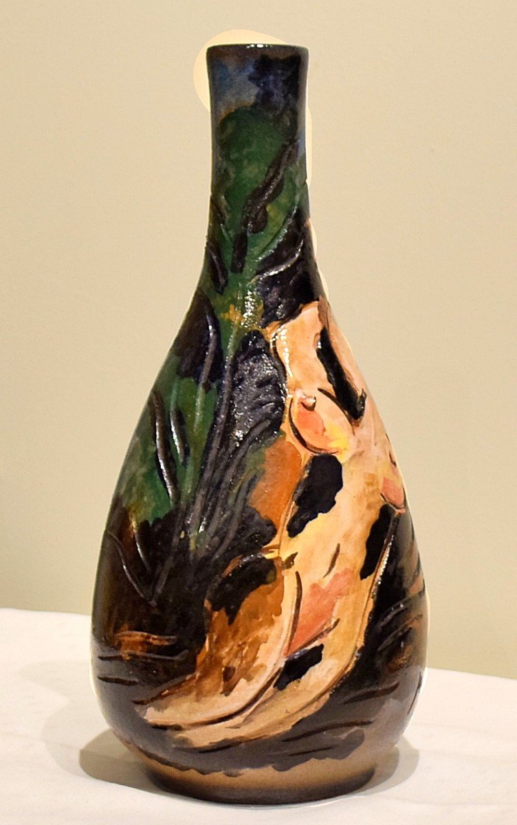 Vase au nu féminin en terre vernissée signé M. Alves-photo-3