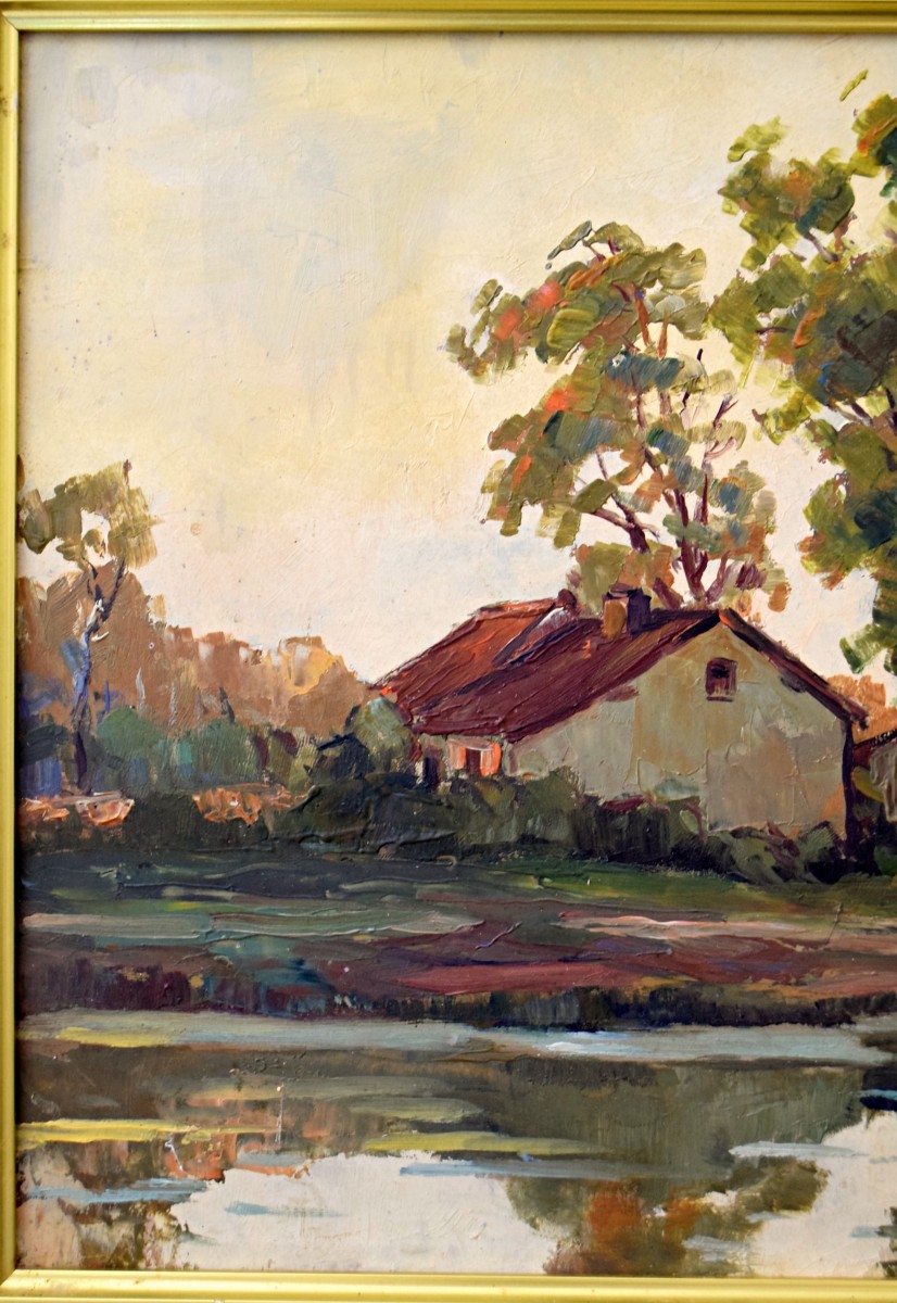 Paysage lacustre  Ecole de Barbizon signé Leplat-photo-3