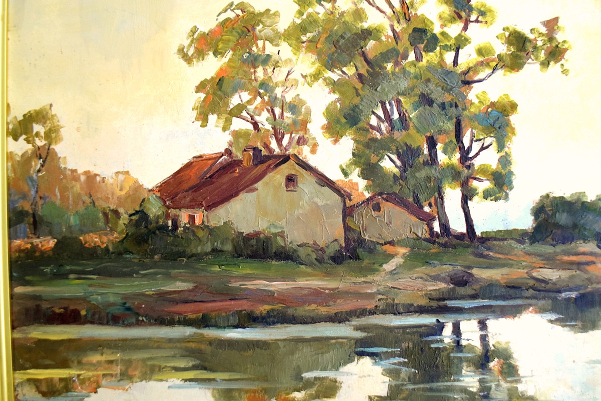 Paysage lacustre  Ecole de Barbizon signé Leplat-photo-4