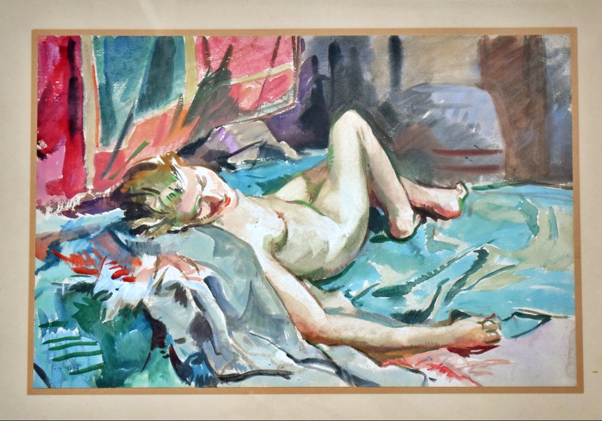 Reclining Nude Watercolor By Pierre Vallet -photo-2