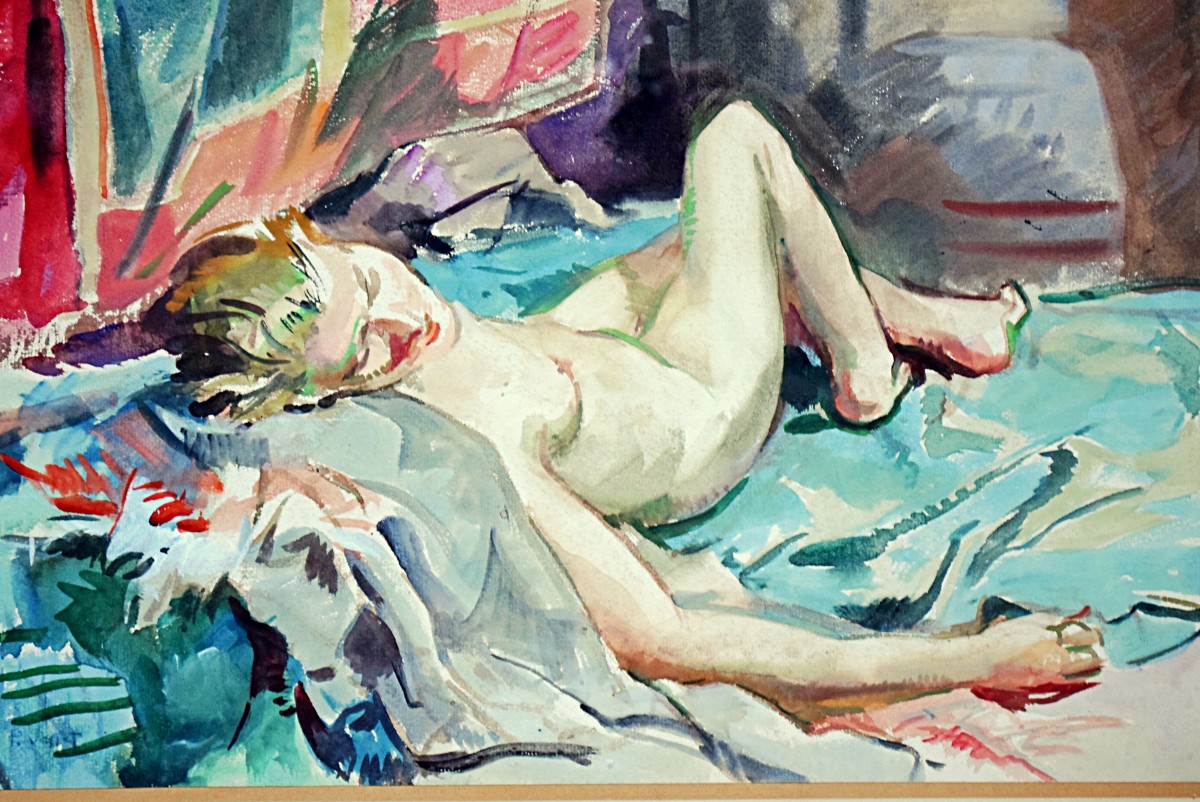 Reclining Nude Watercolor By Pierre Vallet -photo-4