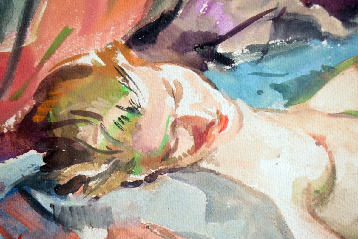 Reclining Nude Watercolor By Pierre Vallet -photo-1