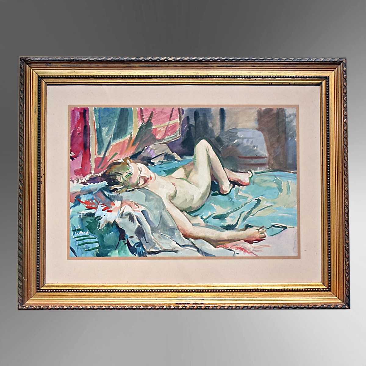 Reclining Nude Watercolor By Pierre Vallet 