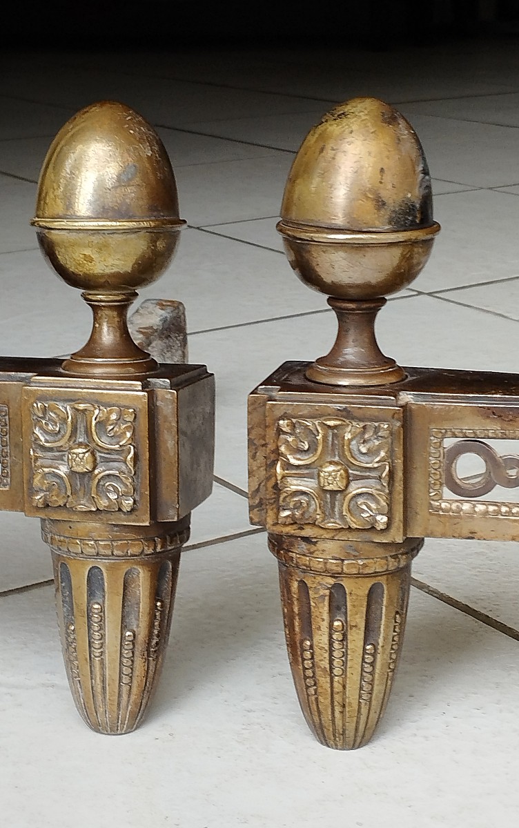 Paire de chenets d'époque Louis XVI en bronze doré-photo-2