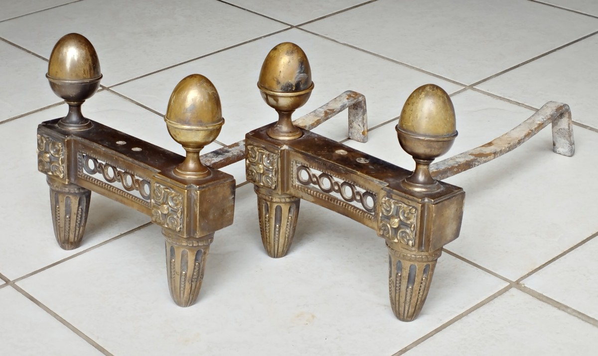 Paire de chenets d'époque Louis XVI en bronze doré-photo-3