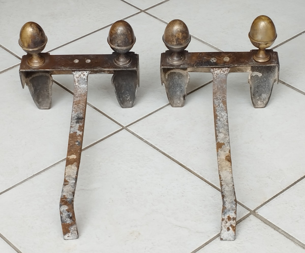 Paire de chenets d'époque Louis XVI en bronze doré-photo-1