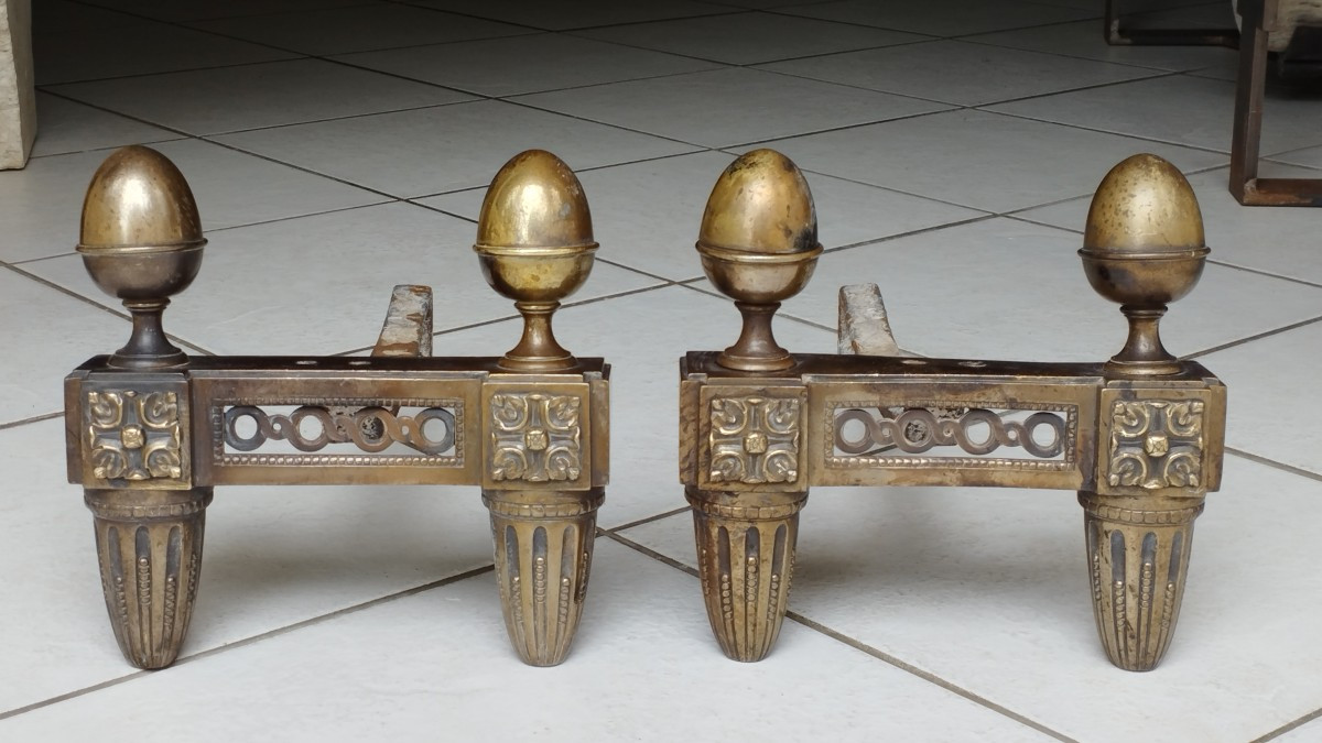 Paire de chenets d'époque Louis XVI en bronze doré-photo-2
