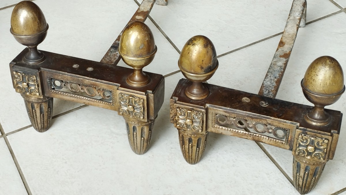 Paire de chenets d'époque Louis XVI en bronze doré-photo-3
