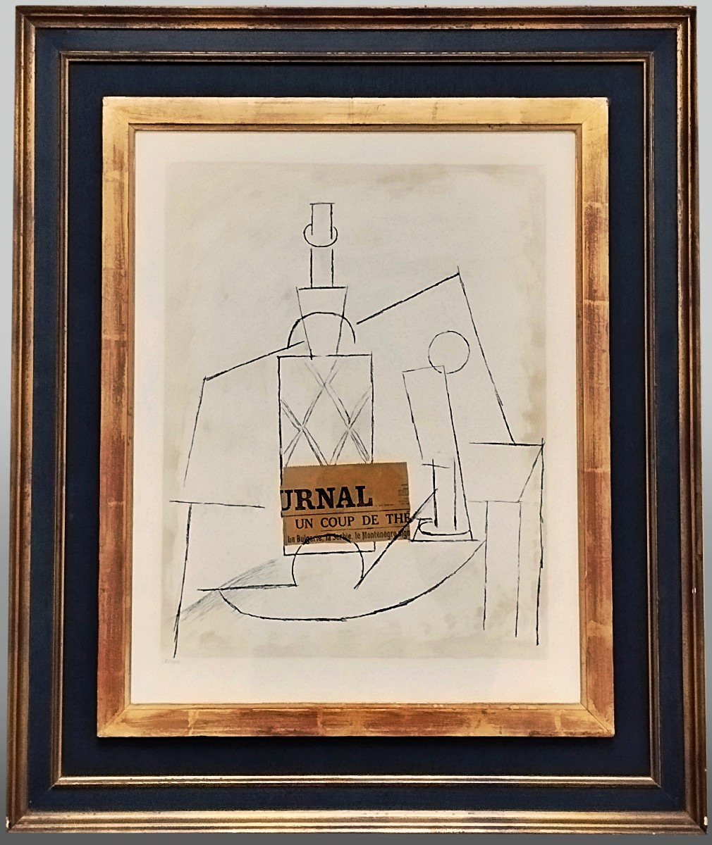 Pablo Picasso Lithographie originale «Bouteille de rhum paillée, verre et Le Journal» -photo-1