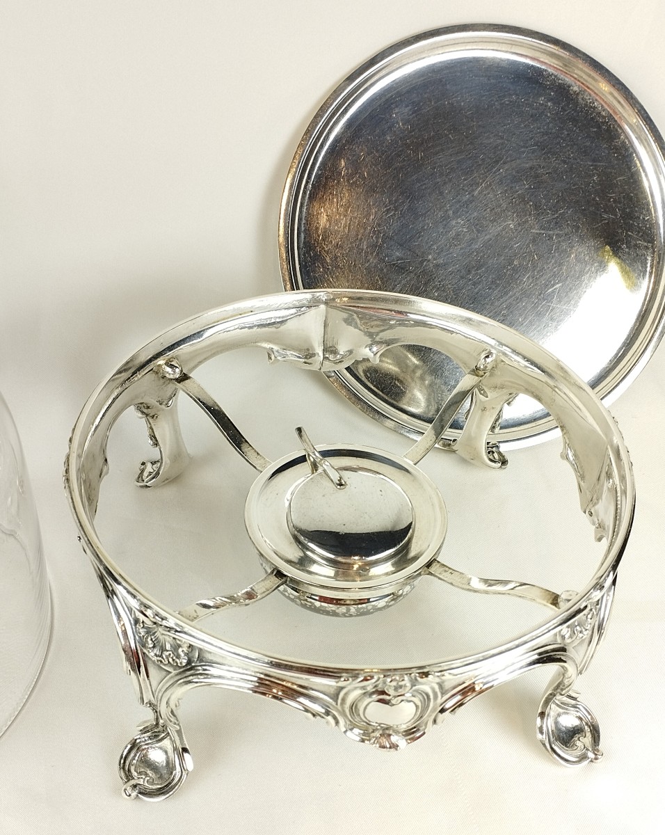 Charles Christofle Table Warmer With Bell, Silver-plated Metal And Crystal, 19th Century-photo-4