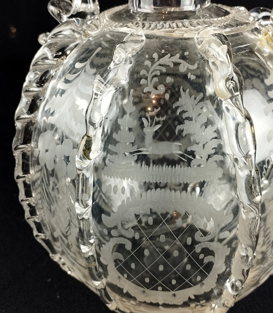 Carafe Boule hollandaise XVIIIè Décor gravé cerfs et oiseaux-photo-2