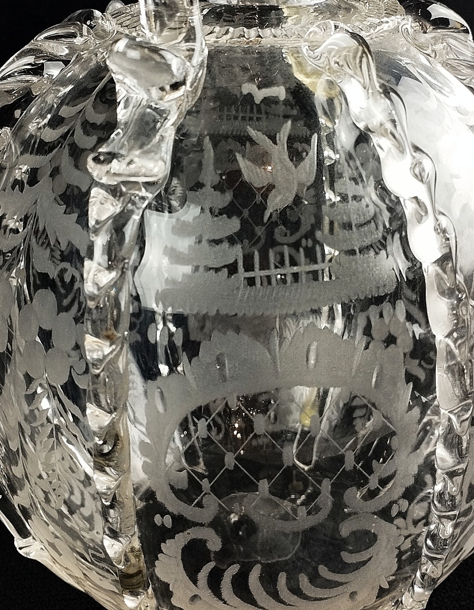 Carafe Boule hollandaise XVIIIè Décor gravé cerfs et oiseaux-photo-3