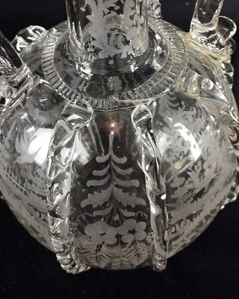 Carafe Boule hollandaise XVIIIè Décor gravé cerfs et oiseaux-photo-2