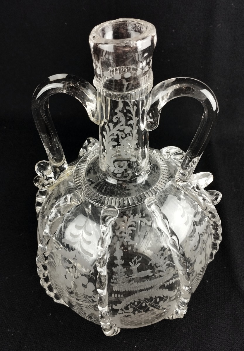 Carafe Boule hollandaise XVIIIè Décor gravé cerfs et oiseaux-photo-3