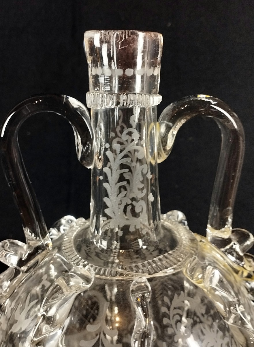 Carafe Boule hollandaise XVIIIè Décor gravé cerfs et oiseaux-photo-5