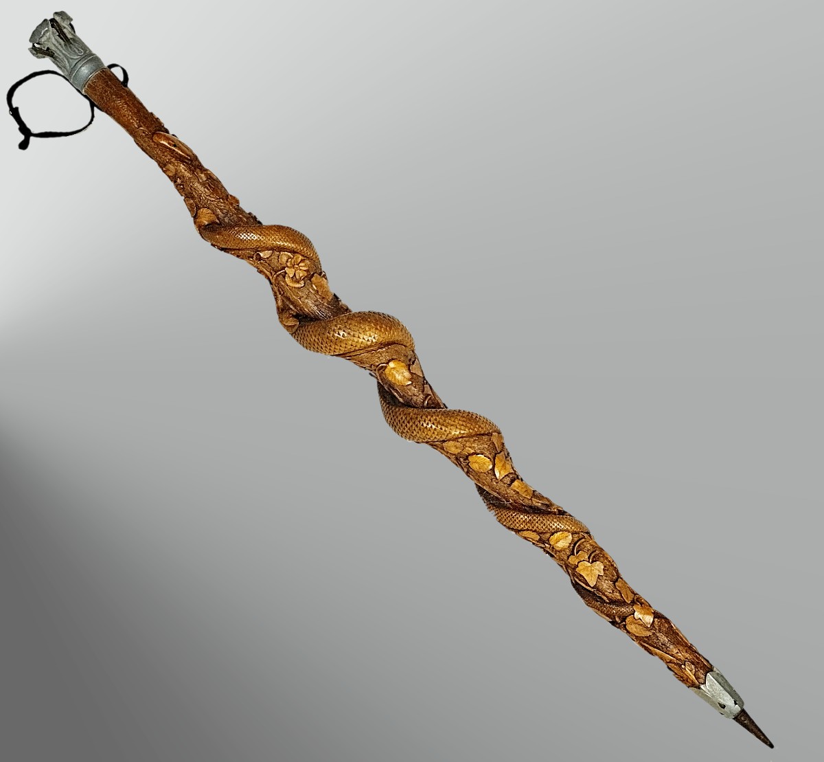 Canne en buis sculpté monoxyle au serpent Signée Art populaire XIXème-photo-2