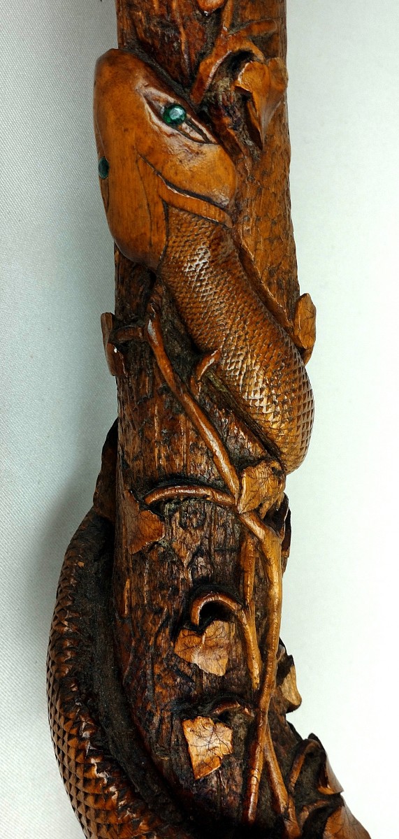 Canne en buis sculpté monoxyle au serpent Signée Art populaire XIXème-photo-2