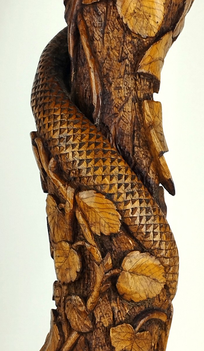 Canne en buis sculpté monoxyle au serpent Signée Art populaire XIXème-photo-7