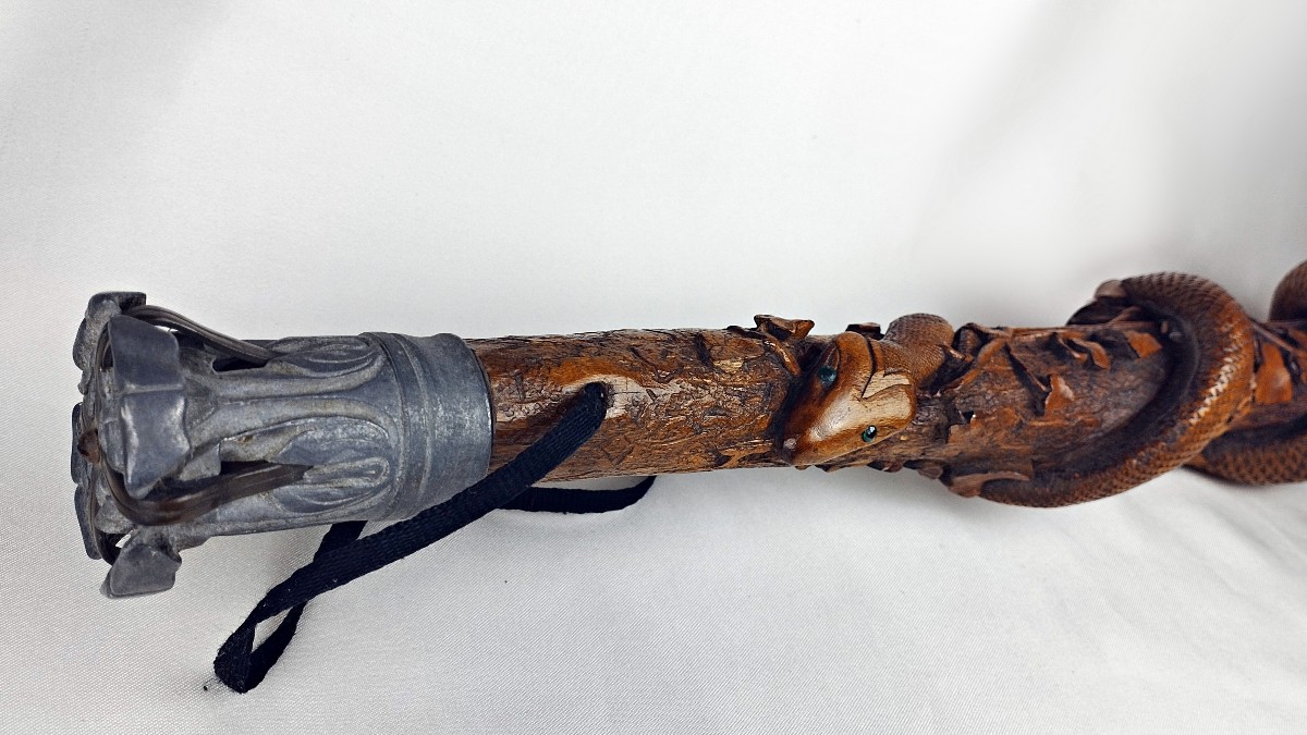 Canne en buis sculpté monoxyle au serpent Signée Art populaire XIXème-photo-8