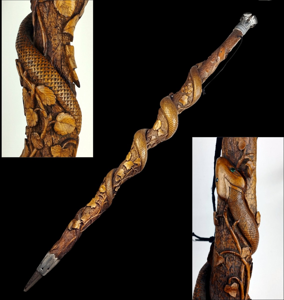 Canne en buis sculpté monoxyle au serpent Signée Art populaire XIXème