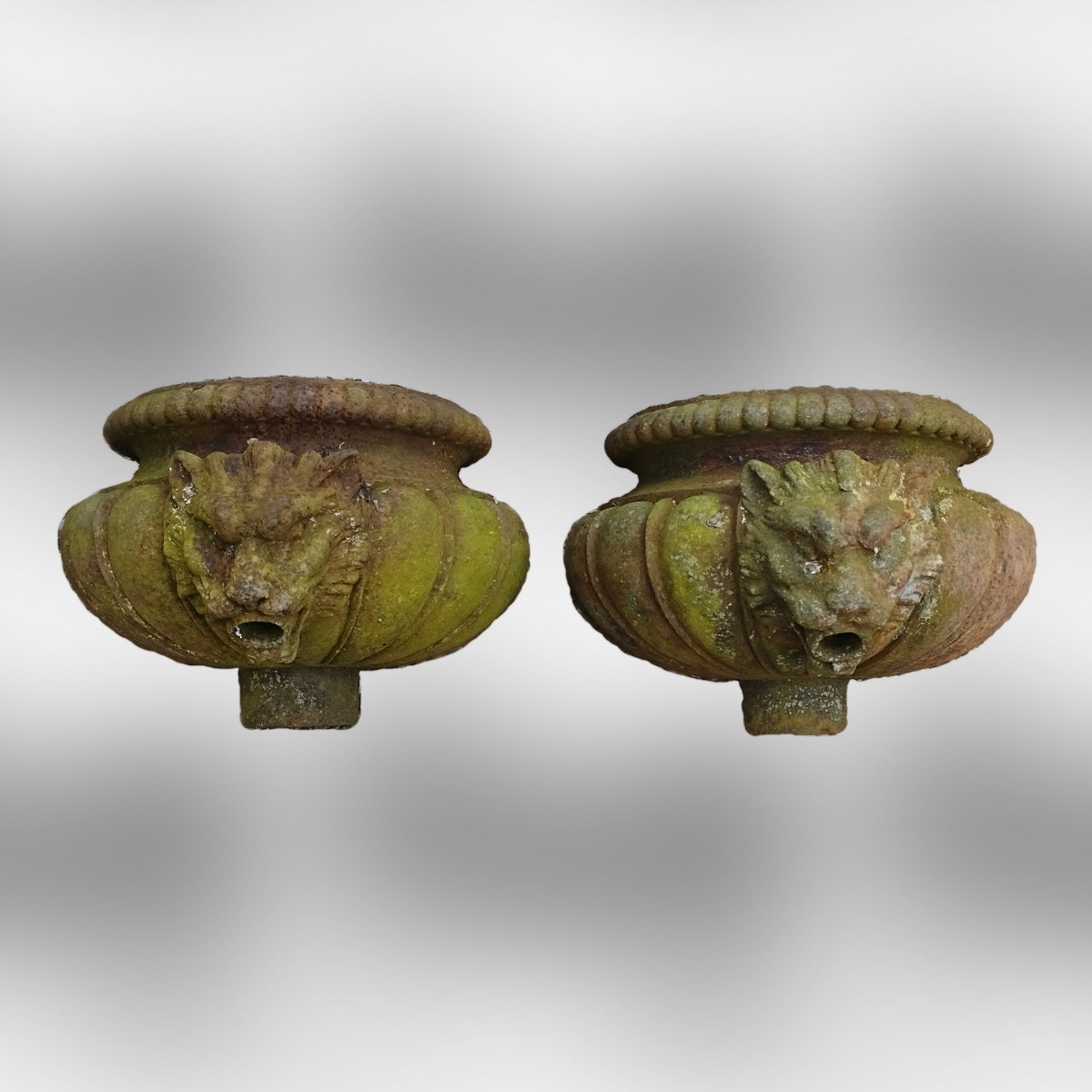 Pair Of 19th-century Cast Iron Gutter Receptacles With Lion Heads. Water Boxes. 