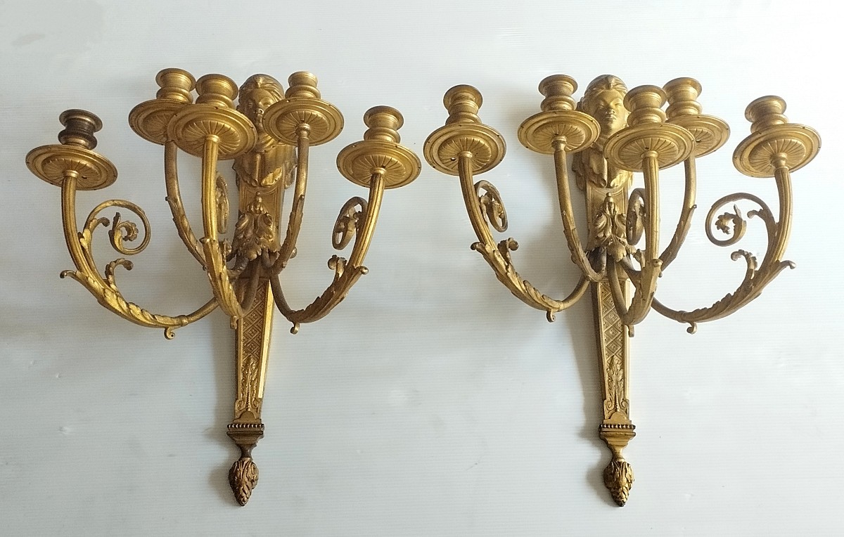 Importante paire d'appliques en bronze doré aux Nubiennes Second Empire à cinq bras de lumière-photo-3