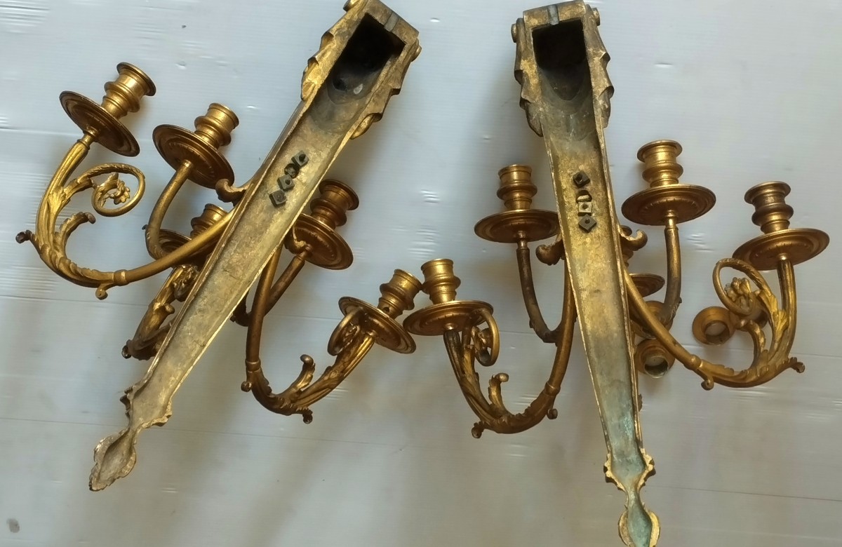 Importante paire d'appliques en bronze doré aux Nubiennes Second Empire à cinq bras de lumière-photo-7