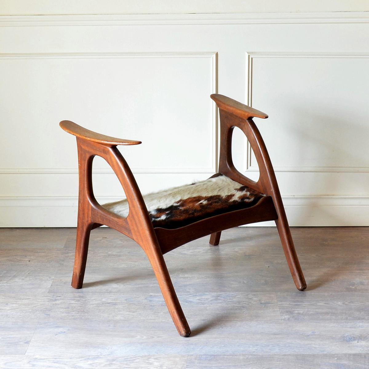 Banc Scandinave Danois Teck et peau de vache -photo-2