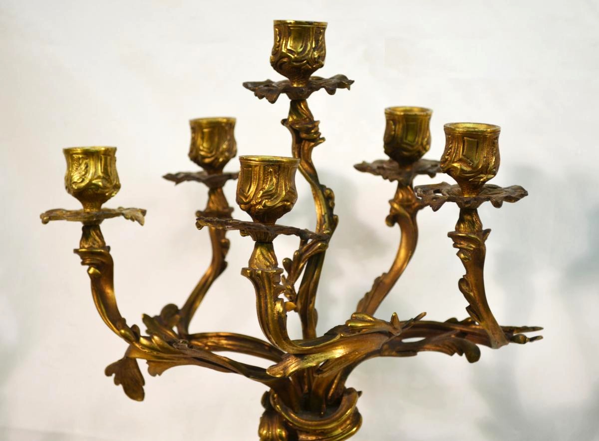 Large Pair Of Candlesticks Gilt Bronze Louis XV Style Candelabra Nineteenth-photo-4