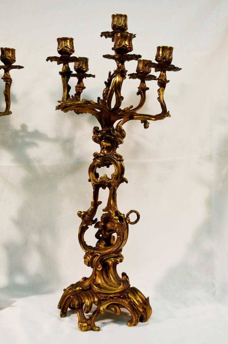 Large Pair Of Candlesticks Gilt Bronze Louis XV Style Candelabra Nineteenth-photo-7