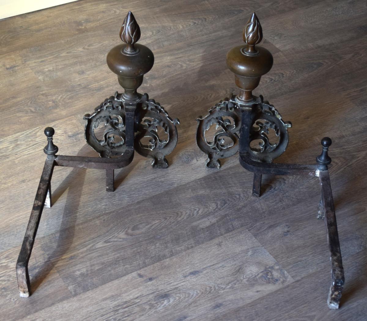 Pair Of Andirons And Bronze Nineteenth Iron-photo-4