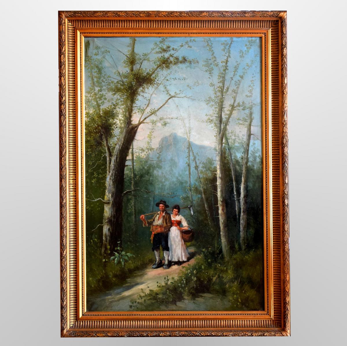 Grande peinture italienne XIXè Couple en forêt 