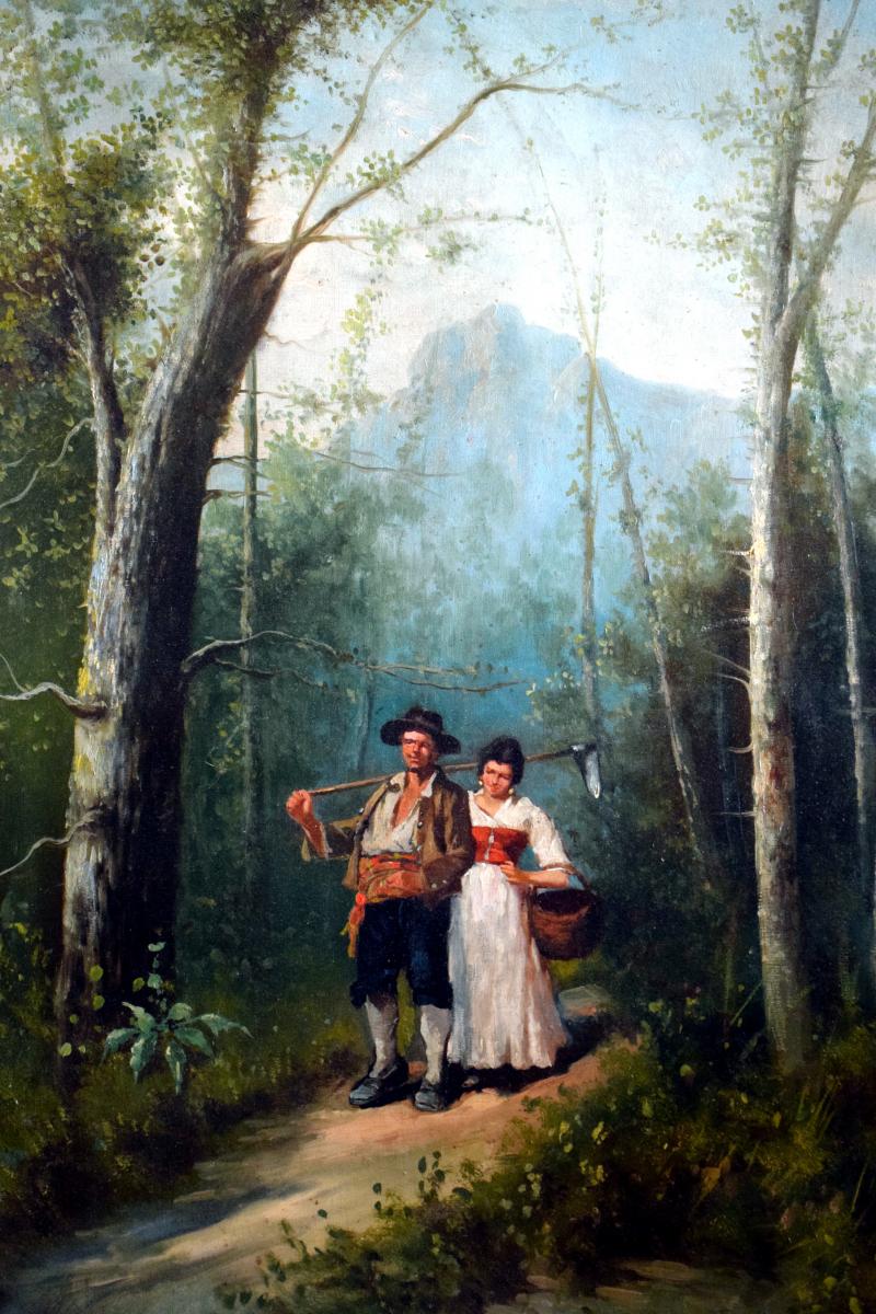 Grande peinture italienne XIXè Couple en forêt -photo-2