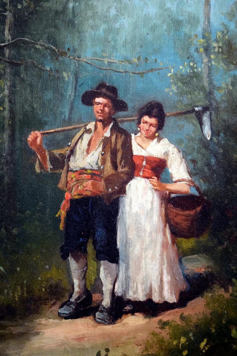 Grande peinture italienne XIXè Couple en forêt -photo-4