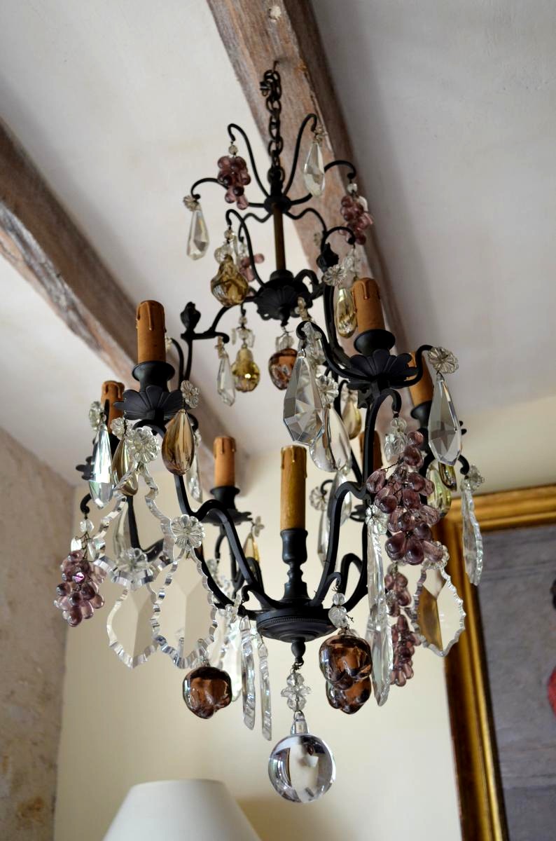 Chandelier Cage With Fruits In Crystal And Bronze XIXth-photo-1