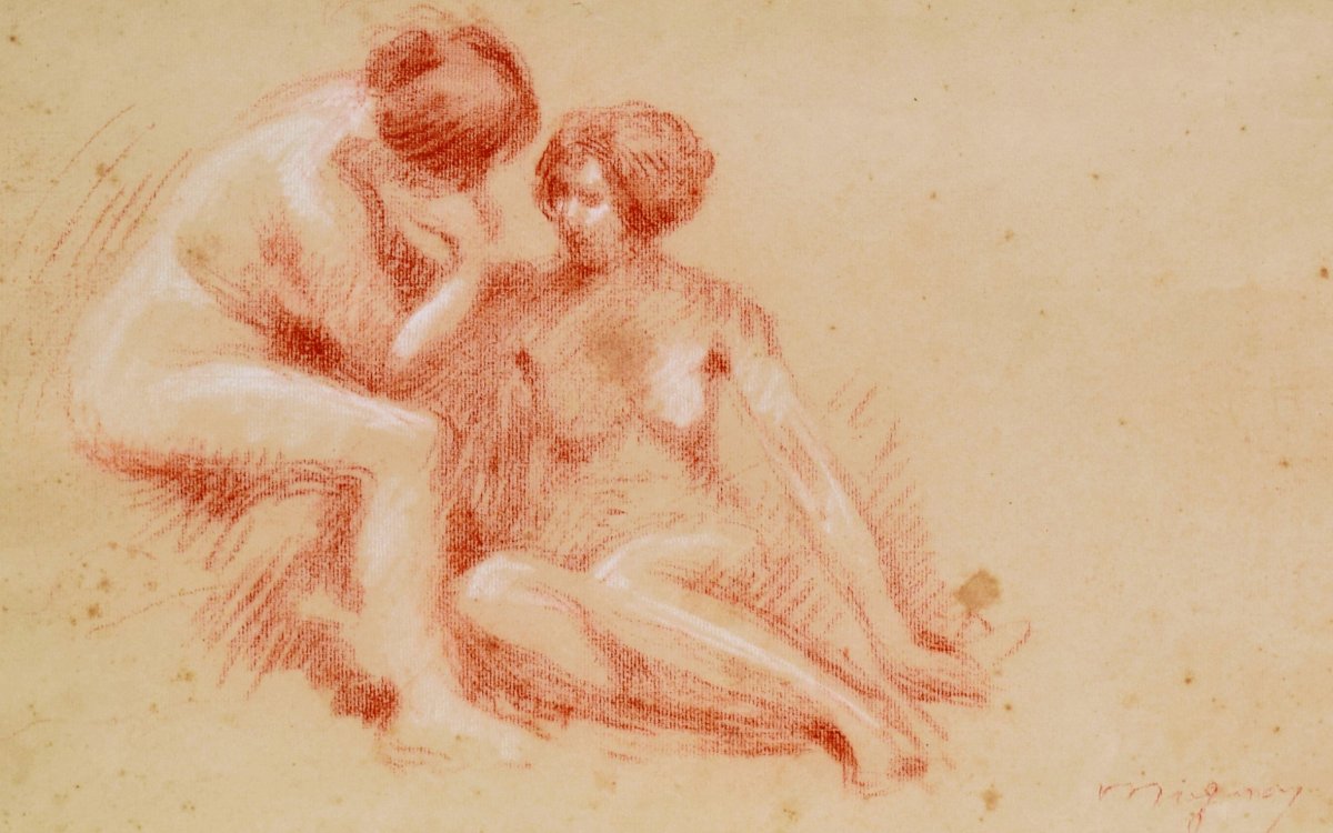 Drawing Nude Sanguine By Lucien Mignon The Two Friends-photo-4